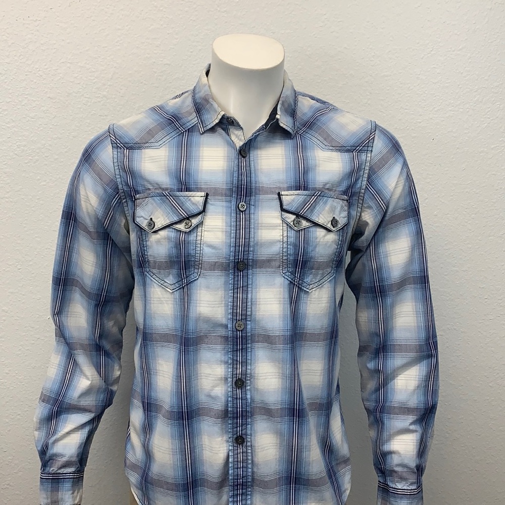 Marc Ekco Cut & Sew Blue White Plaid Western Shirt